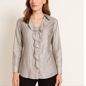 Chico’s Metallic Silver Long Sleeve Ruffle Blouse Button-Up V-Neck Medium